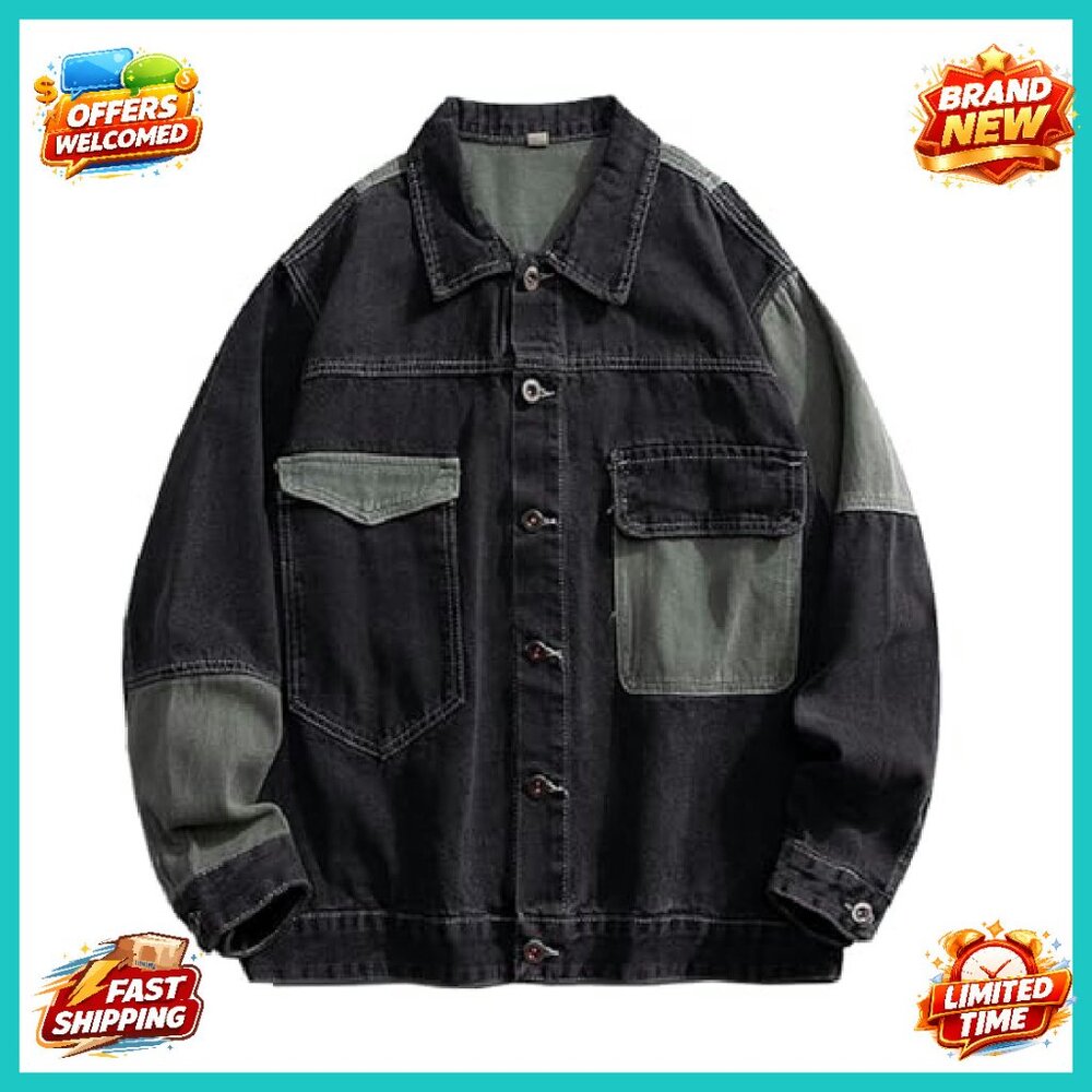 Oversized Denim Jacket Mens Patchwork Button Down… - image 2